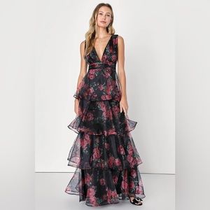 Garden Radiance Black Floral Print Organza Tiered Maxi Dress XL